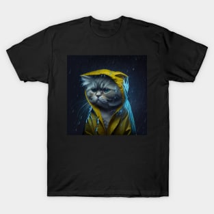 Sad Cat Wearing a Raincoat T-Shirt